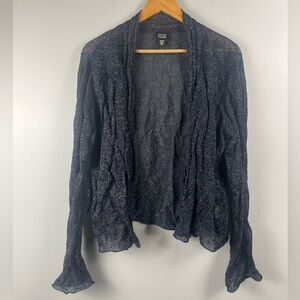 Eileen Fisher Black Tinsel Crinkle Ruffle Waterfall Front Open Cardigan XL
